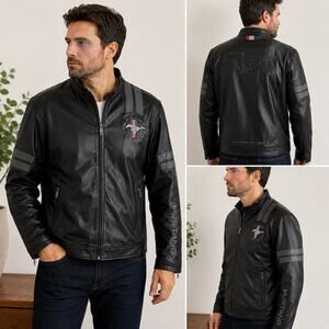 Ford Mustang Faux Leather Jacket Men’s XL Black Full Zip Embroidered Moto Coat